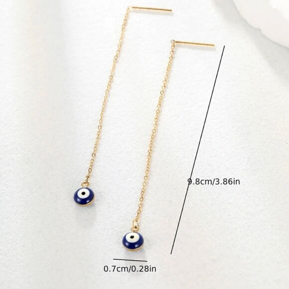 Evil Eye Stainless Steel Linear Earrings 18K Gold Plated Ear Jewelry - Picture 4 of 4